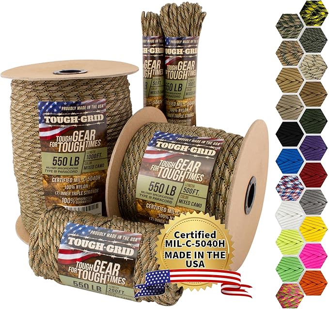 TOUGH-GRID 550 Paracord, Type III Mil-Spec Nylon Rope - 500 Ft Mixed Camo Tactical Survival Cord