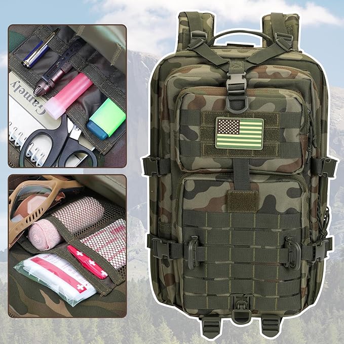 Hannibal Tactical MOLLE Assault Backpack, Tactical Backpack Military Army Camping Rucksack, 3-Day Pack Trip w/USA Flag Patch, D-Rings, Polish Camo