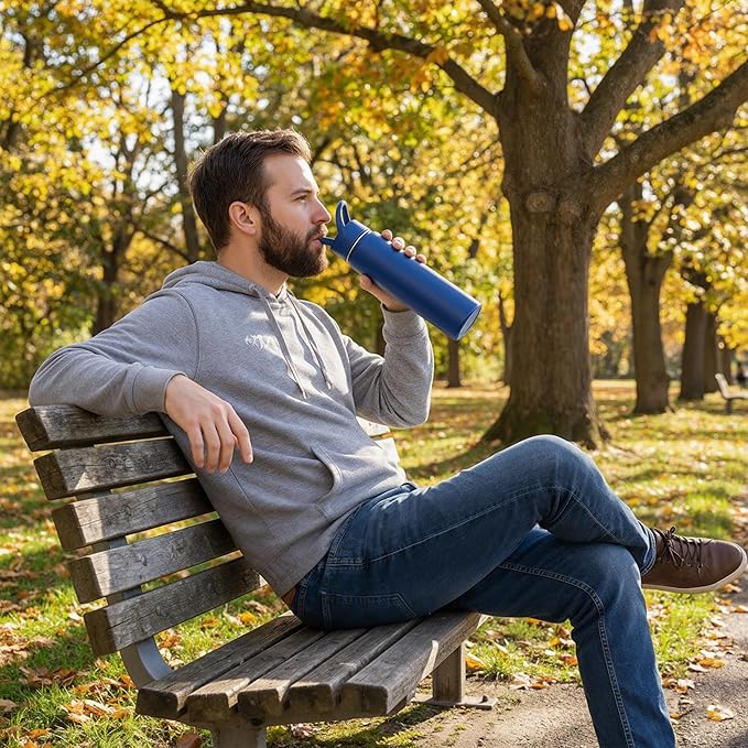 Fijinhom 24oz Insulated Stainless Steel Water Bottle with Straws, Double Wall Vacuum Insulated Bottles, Metal Thermo for Travel, Sports, Leak-Proof, BPA Free, Women & Men, Blue