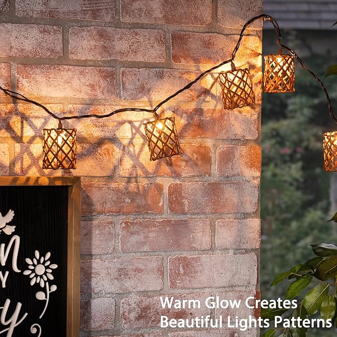 Decorative String Lights Plug in with 10 Incandescent Bulbs, Handwoven Rattan Cylinder-shaped Boho Lantern String Lights Connectable Weatherproof Outdoor Indoor for Bedroom Patio Pergola Decor (Brown)