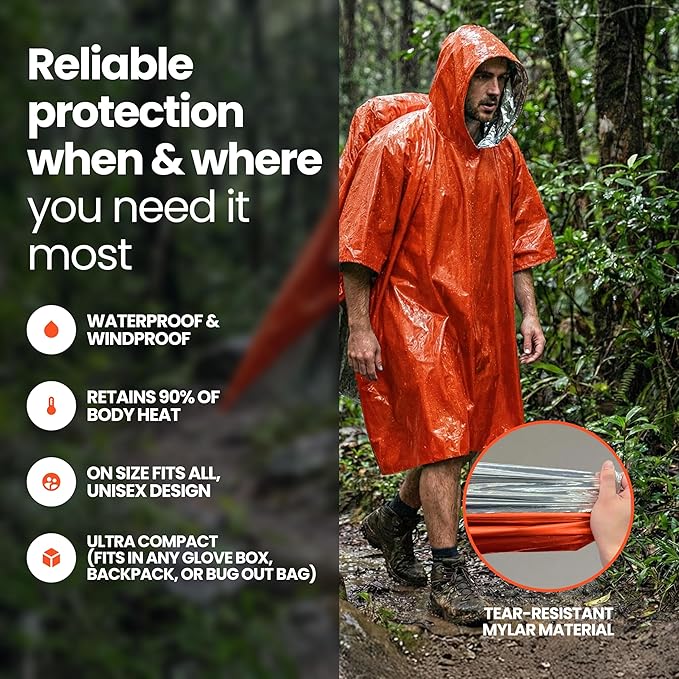 Wallaby 4-Pack Emergency Mylar Ponchos – Universal Fit Thermal Poncho with 90%+ Heat Retention,