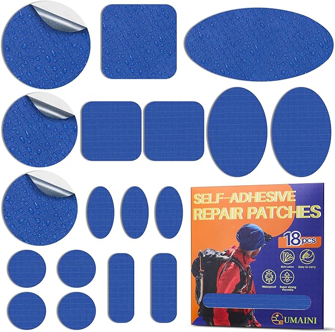 Down Jacket Repair Patch Kit, Outdoor Gear Tenacious Repair Tape, Self Adhesive Fabric Patches for Clothes, Waterproof Ripstop Nylon Fabric Patch for Puffer Jacket, Coat, Tent (18 Pcs, Navy Blue)