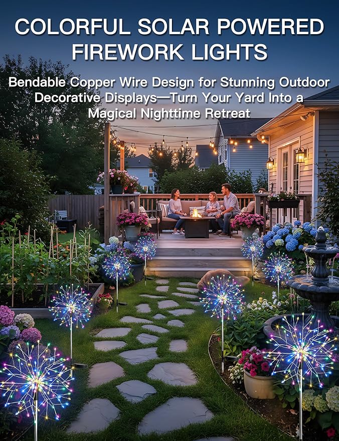 suddus Solar Garden Lights Outdoor Waterproof Decorative, 4Pack 150LED Multicolor Firework Lights 8 Modes, Solar Fairy Lights for Yard, Patio, Pathway, Balcony Planter Flowerbed Party Outside Decor