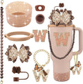 9PCS Brown for Stanley Cup Accessories Set Bling Initials Bow Charms for Stanley Decorations 30/40 Oz Tumbler Accessories Including Bow Straw Topper, Handle Strap, Spill Stopper（Letter W）