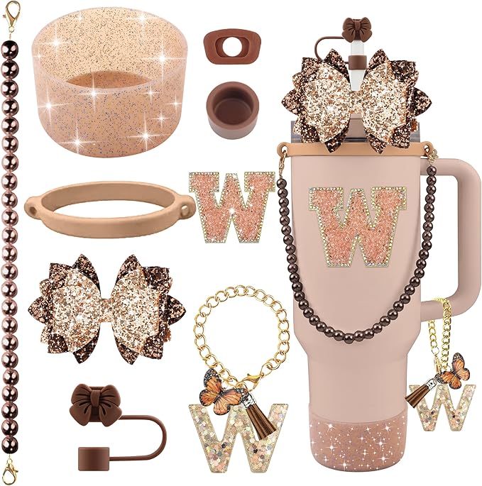 9PCS Brown for Stanley Cup Accessories Set Bling Initials Bow Charms for Stanley Decorations 30/40 Oz Tumbler Accessories Including Bow Straw Topper, Handle Strap, Spill Stopper（Letter W）