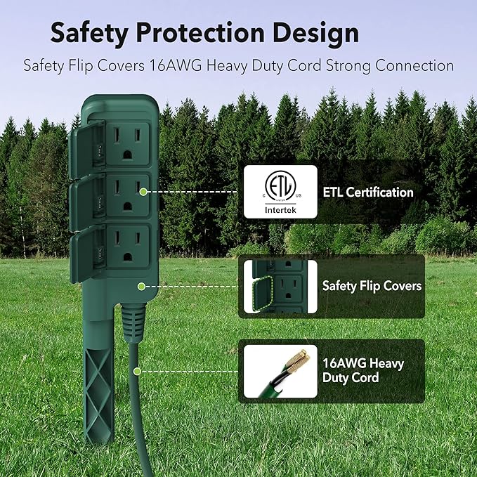 HBN Outdoor Power Stake Waterproof with 6FT Long Extension Cord, 3 Grounded Outlets Yard Power Strip with Protective Covers, Electrical Power Stake with Multiple Plug Socket for Garden Decoration