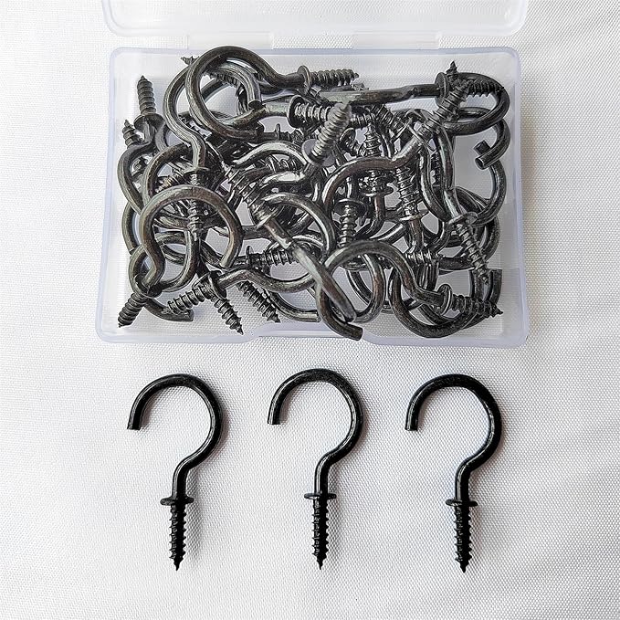 Spiral Ceiling Hook (7/8in Black 40pcs) - Stainless Steel Cup Hook Screw-in Lightweight Hook for Christmas Light Ceiling Indoor/Outdoor Suspension, Rustproof, Instant Install