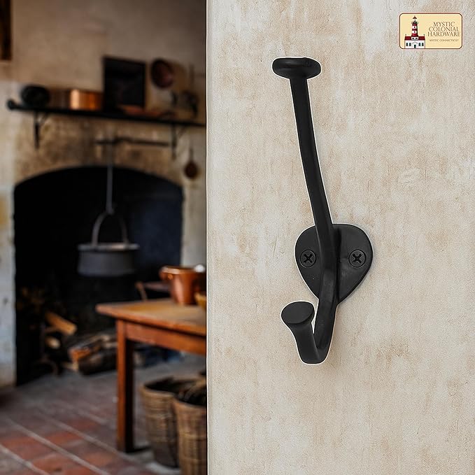 Mystic Colonial Medieval Cast Iron Wall Hooks Pack of 10 (4 in x 3 in) Heavy Duty Dual Hooks for Coats, Hats, Keys & Bags | Rustic Black Metal Hangers | Strong, Sturdy & Decorative Wall Hardware