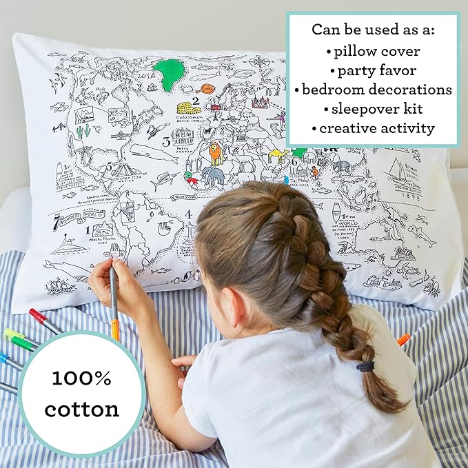 eatsleepdoodle - Coloring Pillowcase for Kids – Reusable DIY Pillow Cover with Washable Markers, Educational Arts & Crafts Activity for Boys & Girls, Fun Gift for Creative Play, Machine Washable