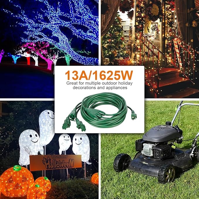 SURAIELEC Outdoor Extension Cord with Multiple Outlets, (34+6+6+6) 52FT Total, 40FT End to End, 1-3 Outlet Cord Splitter, 16/3C SJTW, for Landscape, Christmas Light, Halloween Decorations, Green