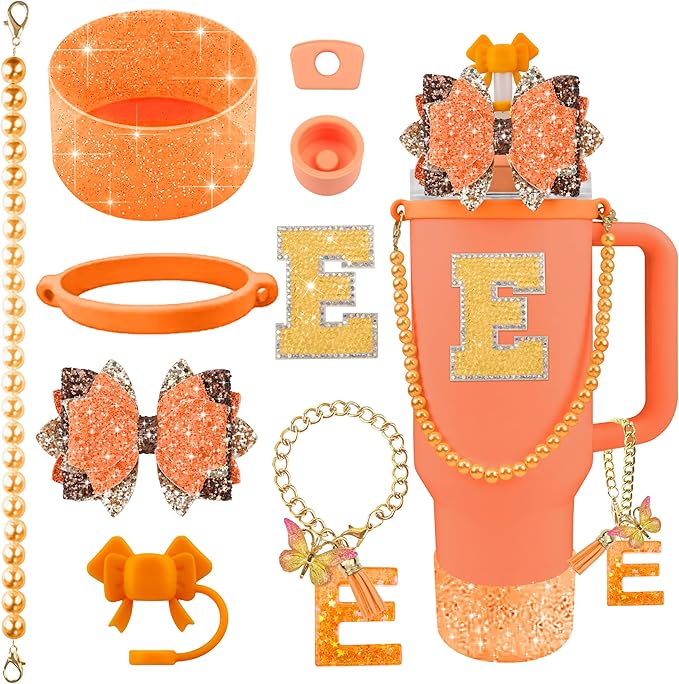 9PCS Orange for Stanley Cup Accessories Set Bling Initials Bow Charms for Stanley Decorations 30/40 Oz Tumbler Accessories Including Bow Straw Topper, Handle Strap, Spill Stopper（Letter E）