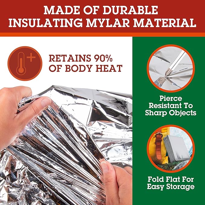 Grizzly Gear Emergency Mylar Thermal Blankets (12 Pack) Survival Kit Camping Space Blanket - Perfect for Hiking, Outdoors, Marathon Runs or First Aid Set- Bug Out Bag Essential - Keep Heat Insulated