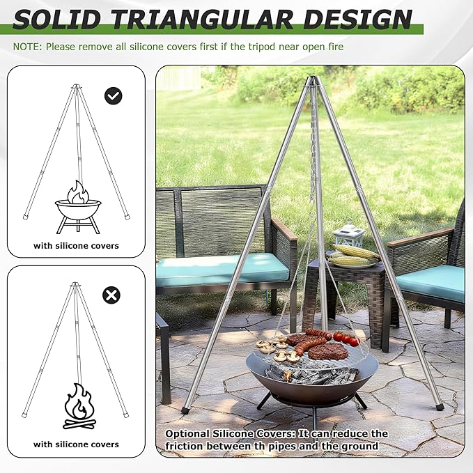 HaSteeL Campfire Tripod for Cooking, Stainless Steel Camping Tripod Grill for Outdoors Beach Backyard Firepit BBQ, Openfirer Stand Hanger with 17” Folding Rack & 6 Barbecue Tools, Adjustable Height