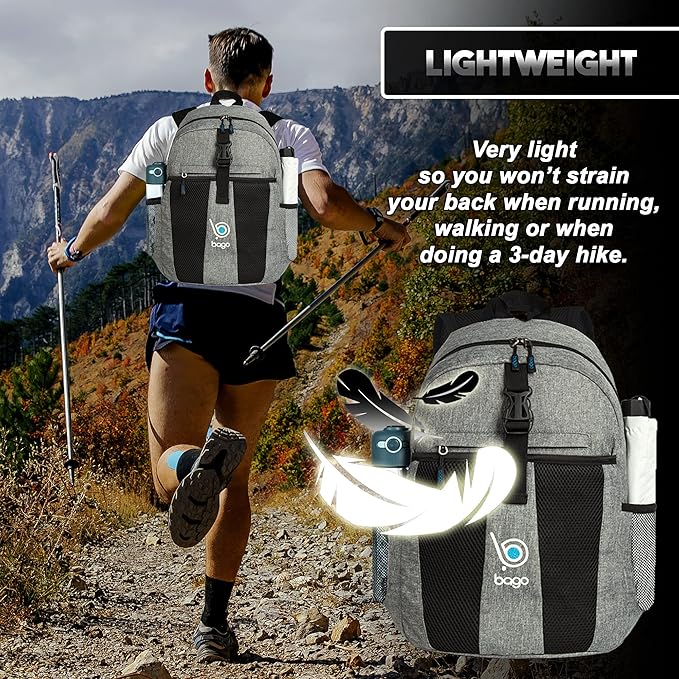 Bago Lightweight Small Hiking Backpack for Women and Men - 25L Travel Day Pack - Foldable Hiking Daypack Ultralight for Camping Outdoor Sports - Day Bag Packable Backpack for Travel (SnowGray)