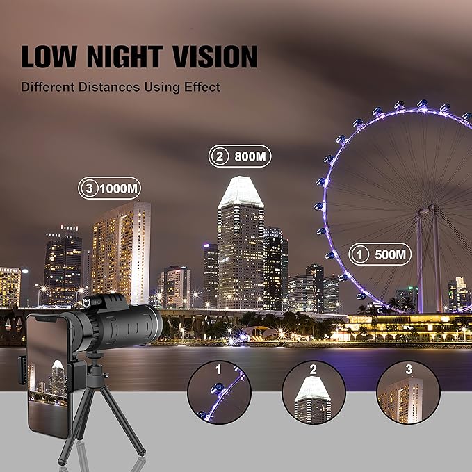 40x60 High Definition Monocular Telescope with Smartphone Adapter, BAK4 Prism FMC Monocular with Clear Low Light Vision for Wildlife Hunting Camping Travelling（LD006-00A-PDQ-1）