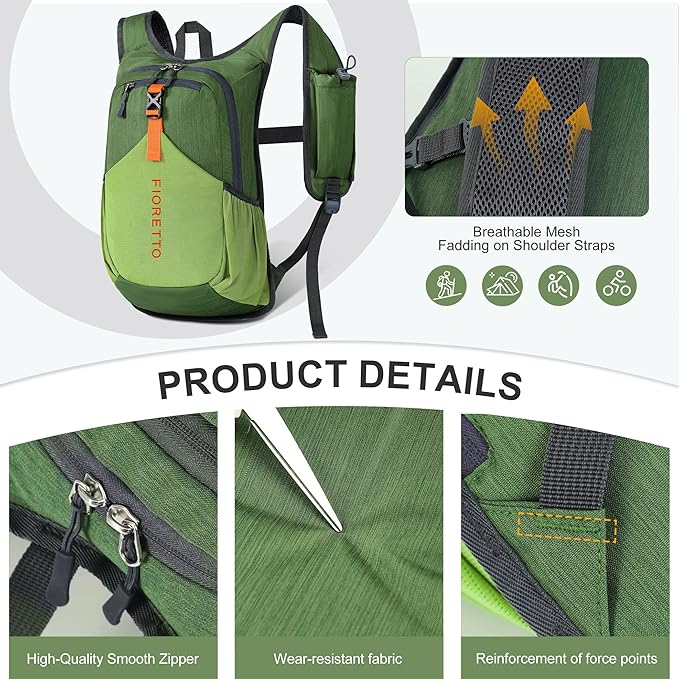 FIORETTO 15L Hiking Backpack for Women Men Mini Packable Backpack Lightweight Small Daypack for Camping Travel Outdoor, Green