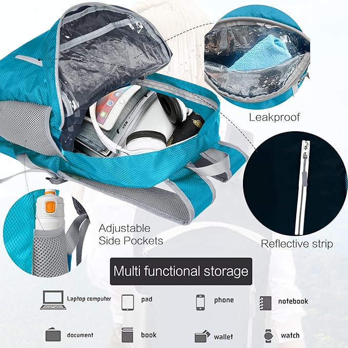 Waterproof Foldable Backpack Dry Storage Lightweight Daypack 35L Outdoor Backpack for Beach Men Women Sky Blue