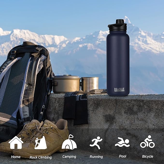 HASLE OUTFITTERS 40oz Stainless Steel Water Bottle, Vacuum Insulated Double Walled Leak Proof Sports Water Bottle with 2 Lids (Straw and Spout Lid) Thermo Mug Keep Cold and Hot(Navy,1）