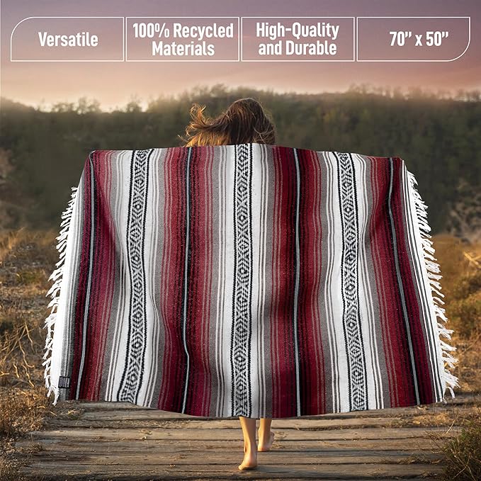Mexican Blanket (Authentic Handmade Falsa) - Durable, Lightweight Baja Indian Blanket for Yoga, Beach, Camping, Picnic, Car/Truck, Outdoor Mexican Throw, Baja Saddle Blanket, 70"x50", Cherry