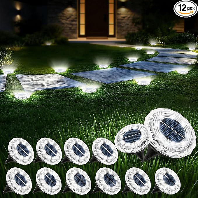 echosari Solar Ground Lights 12 Pack, Upgraded Solar Garden Lights Auto ON/Off Landscape Lighting Outdoor In-Ground Lights Waterproof Long Lasting for Pathway Walkway Patio (Cool White)