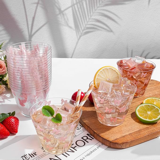 I00000 200 Pcs 9 oz Clear Plastic Cups with Pink Bow, Clear Disposable Cups Wine Glasses Cocktail Glasses Premium Cup Perfect for Wedding, Birthday & Party