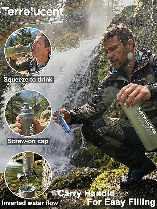 750ML Collapsible Water Bottle with Filter, Squeeze Filtered Water Bottle, BPA-Free, Dual Filtration, Ultralight Water Filter System for Hiking, Camping, Backpacking (Gray, 25.4 OZ)