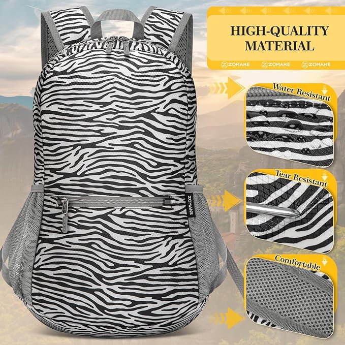 ZOMAKE Ultra Lightweight Hiking Backpack 20L, Packable Small Backpacks Water Resistant Daypack for Women Men(Zebra print)