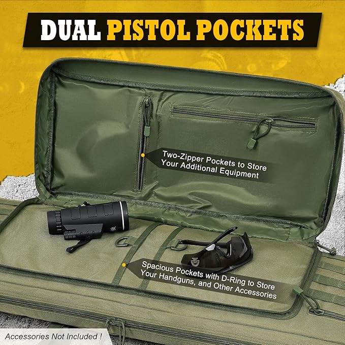 DULCE DOM 36 42 48 Inch Double Rifle Case, Tactical Soft Padded Backpack for Hunting & Shooting Range, Heavy-Duty Storage Gun Bag for 2 Rifles & Pistols with Lockable Zippers & MOLLE System