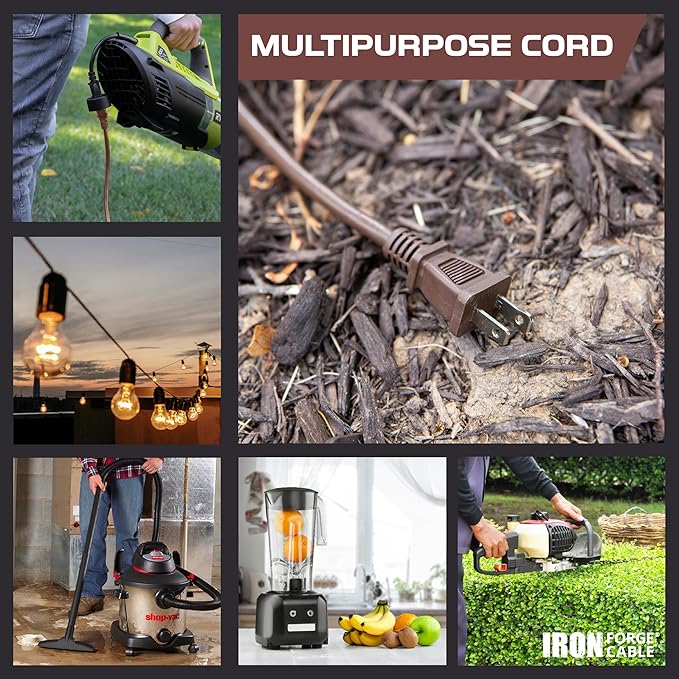 Iron Forge Cable 2 Prong Outdoor Extension Cord 6 ft, 16/2 SJTW 6 Foot Brown Extension Cord, Weatherproof - Great for Outdoor Lights, Deck, Patio