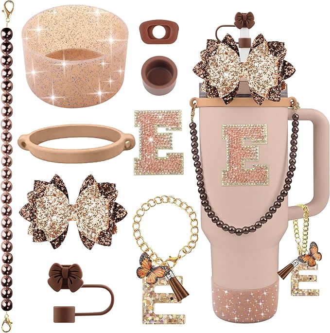 9PCS Brown for Stanley Cup Accessories Set Bling Initials Bow Charms for Stanley Decorations 30/40 Oz Tumbler Accessories Including Bow Straw Topper, Handle Strap, Spill Stopper（Letter E）