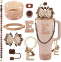 9PCS Brown for Stanley Cup Accessories Set Bling Initials Bow Charms for Stanley Decorations 30/40 Oz Tumbler Accessories Including Bow Straw Topper, Handle Strap, Spill Stopper（Letter E）