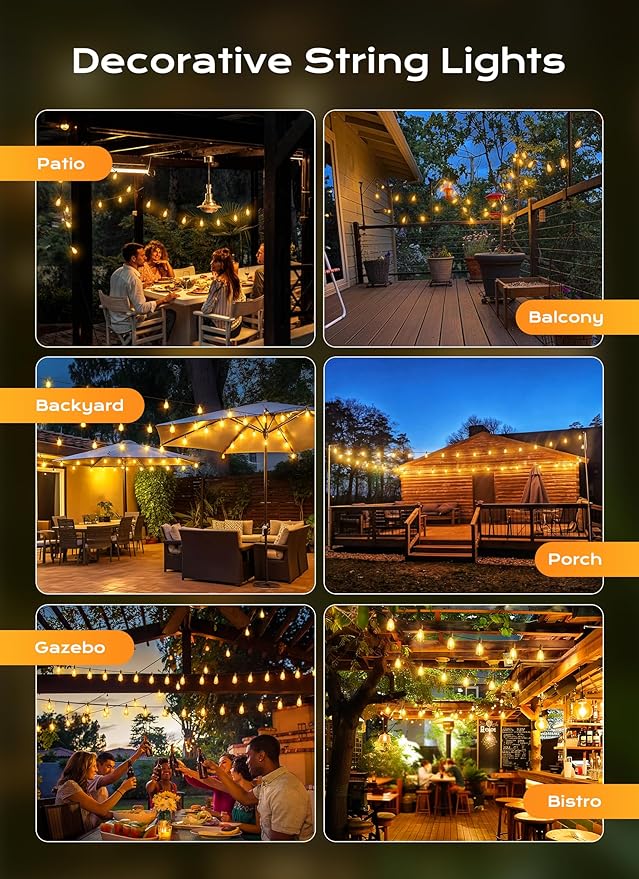 Brightown Outdoor String Lights, 100FT 50+2 LED ST38 LED Patio Lights Shatterproof, Dimmable IP65 Waterproof Connectable Hanging Outdoor Light for Backyard, Porch, Deck, Balcony
