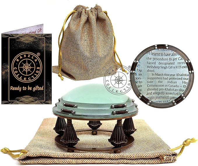 Antique Brass Magnifying Glass Lens for Reading Books & Newspaper Vintage Style Desk Magnifier With Jute Case Paperweight Chart Map Reader, Jewelry Loupe, Classroom Science, Insect & Hobby Observation