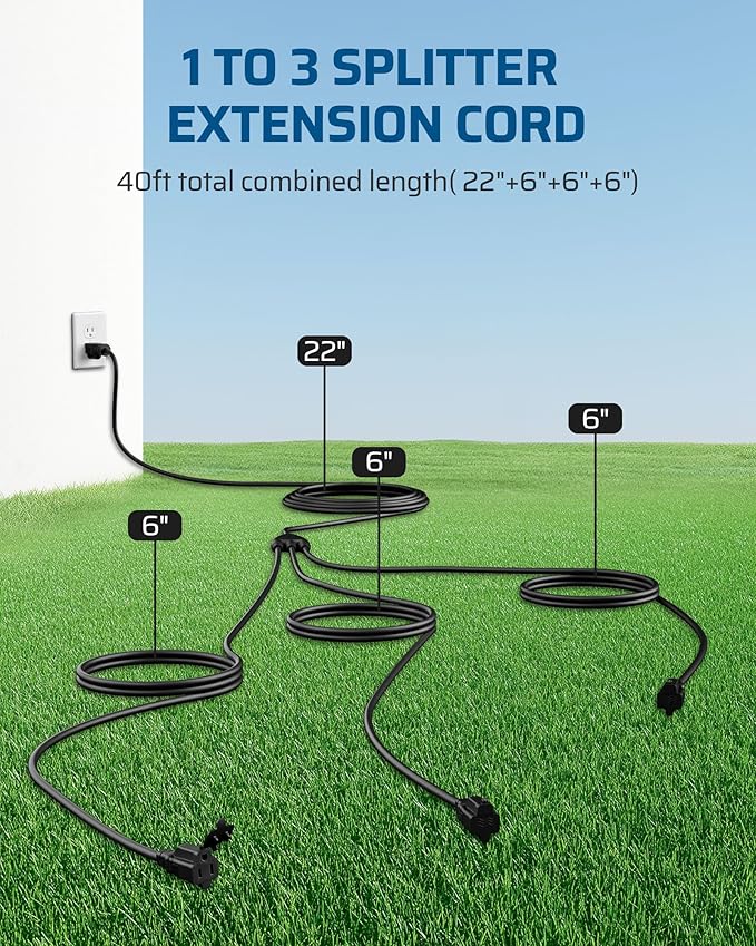 DEWENWILS Outdoor Extension Cord 1 to 3 Splitter, 3 Prong Outlets Plugs, Max 28ft End to End (40 FT Total),16/3C SJTW Weatherproof Wire for Outdoor String Lights, ETL