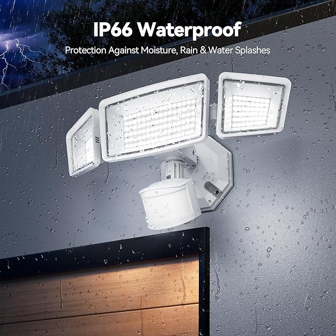 TECKNET 7500LM Motion Sensor Outdoor Lights, 150-LED 3-Head Security Light with Remote Control, 300°Wide Angle Flood Wall Lights with 4 Modes, IP66 Waterproof, Ideal for Garage, Patio, Yard