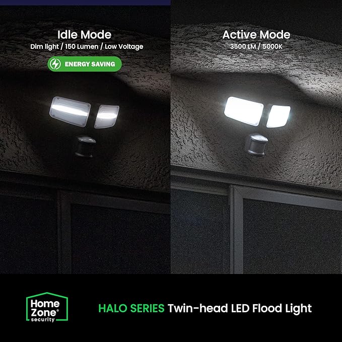 Home Zone Security Dual Brightness Motion Sensor Light - Outdoor Weather Resistant LED Twin Head 5000K Security Light with Standby Halo Light and Easy Connect Back Panel, White