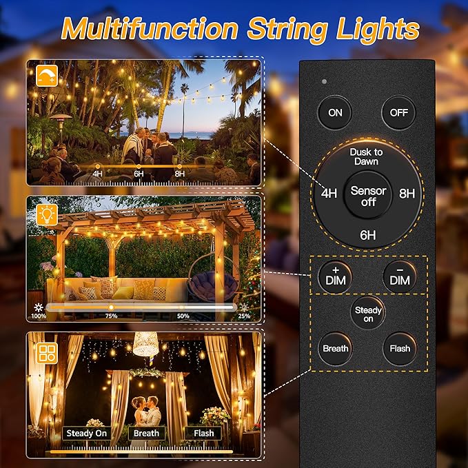 Ollny S11 Outdoor String Lights with Remote, 30 FT 3 Modes Dimmable Timers Waterproof Connectable Patio Lights, 15+1 LED Spare Bulb Dusk to Dawn Hanging Light for Indoor Porch Balcony Cafe