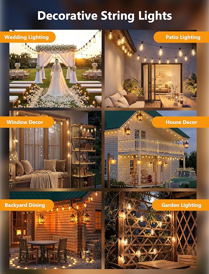 20FT LED Outdoor String Lights,Edison Lights Outdoor String with 22 Shatterproof ST40 Vintage Edison Bulbs,Outside Lights Waterproof for Outside Backyard Porch,Garden,Black