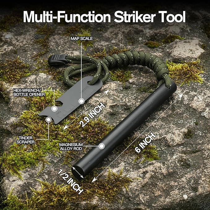 6" x 1/2" Drilled Ferro Rod Fire Starter Kit - Large Ferrocerium Flint and Steel, Multitool Striker & 3-in-1 Survival Whistle (with Compass, Thermometer)-Emergency Gear for Camping, Bushcraft