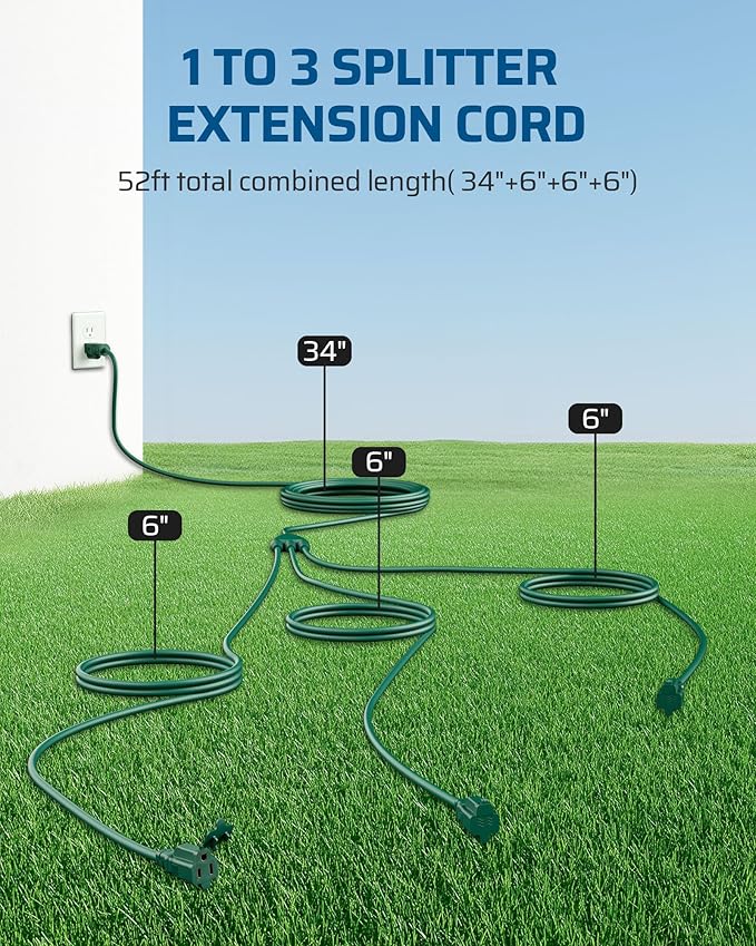 DEWENWILS Outdoor Extension Cord 1 to 3 Splitter, Total 52FT, 13A 125V 1625W 16/3C SJTW Extension Cord Waterproof Heavy Duty Cord for Holiday Decorations, Outdoor String Light, ETL Listed