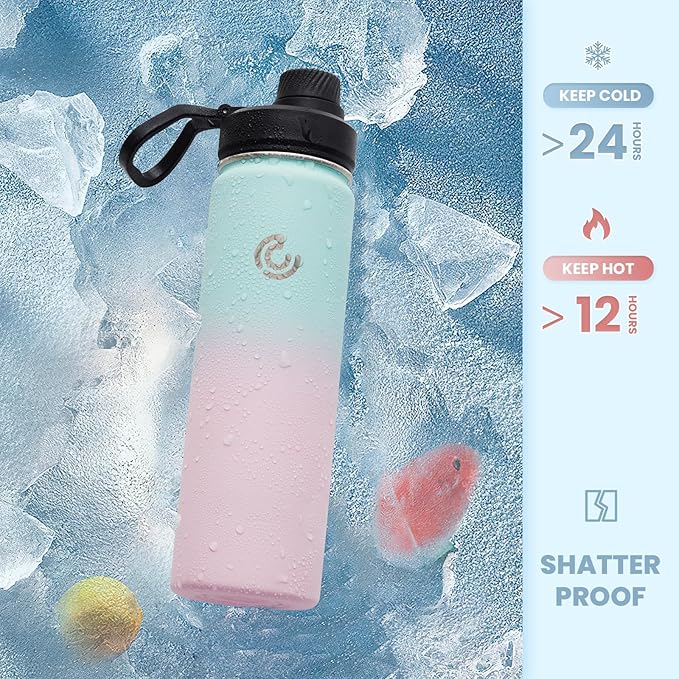 Sports Water Bottle 22oz, Insulated Water Bottle with Handle,Stainless Steel,Simple Modern,Suitable for Travel, School, Boy, Girl(Bubble Gum)