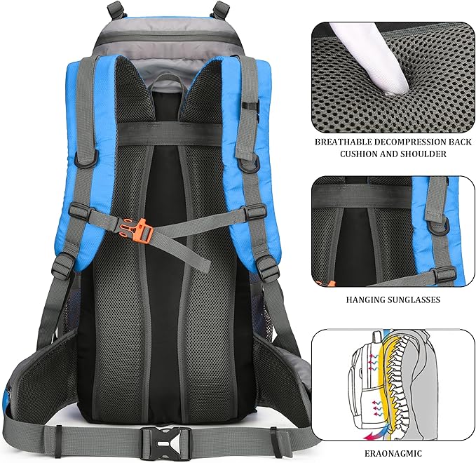 75L Hiking Backpack with Rain Cover Waterproof Camping Backpack Shoes Warehouse for Men Women, Frameless