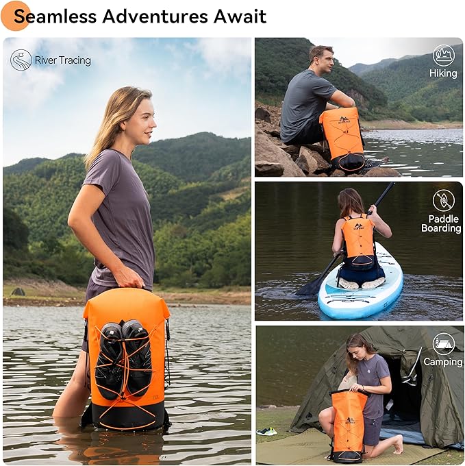 MARCHWAY Floating Roll Top Dry Bag, Flexible Lightweight TPU Waterproof Backpack 20L/30L/40L with Padded Straps for Boating, Kayaking, Swimming, Hiking, Beach (Orange, 40L)