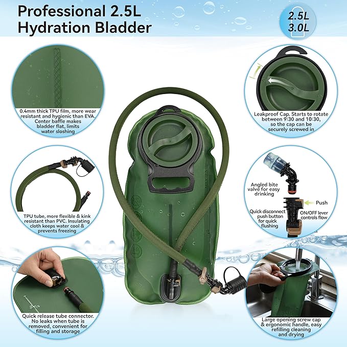 MARCHWAY Tactical Molle Hydration Pack with 2.5L TPU Water Bladder, Low-Profile Organized Military Backpack for Hiking, Cycling, Backpacking, Hunting, Running