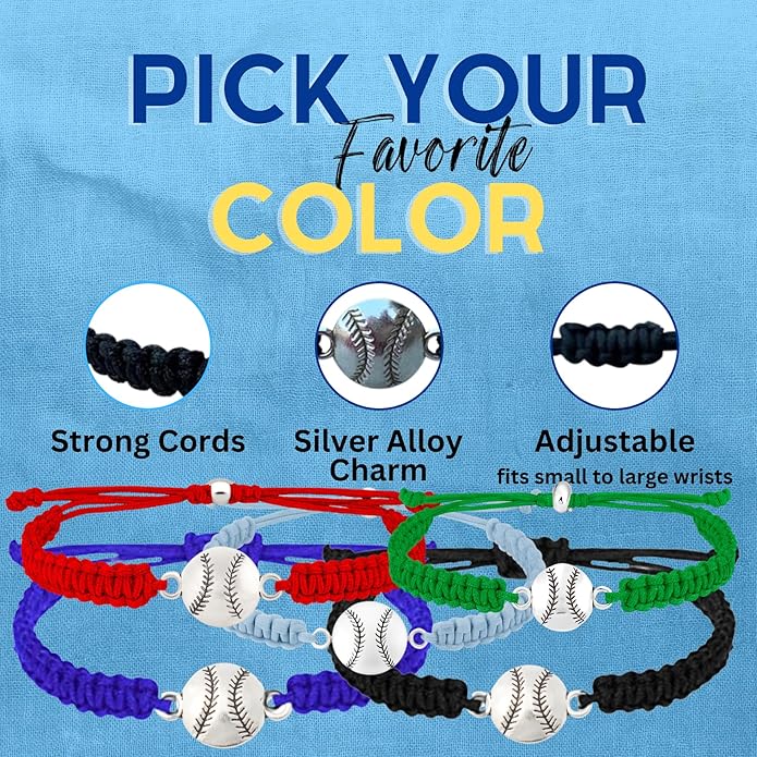 Sportybella - Baseball Bracelet, Baseball Jewelry, Adjustable Braided Baseball Bracelet, Baseball Gifts, Baseball Accessories