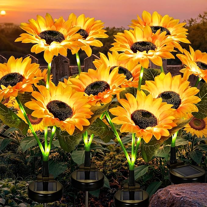 GIGALUMI Solar Garden Lights Artificial Sunflowers, LED Garden Decor Carefree Sunflower Solar Lights Outdoor Yard Decorations Outdoor, Everlasting Sunflower Decor Gift for Yard Patio (Set of 4)
