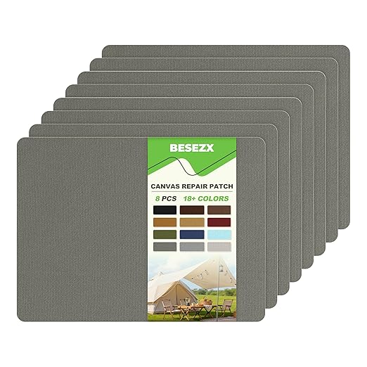 Besezx Canvas Repair Patch,Outdoor Gear Patch, 7.87x5.9 Inches 8PCS,Waterproof Self-Adhesive Fabric Repair Tape for Repairing Boat Covers,Sun Shades,Sofas,Tents,Lounge Chairs,Awnings (Charcoal Grey)