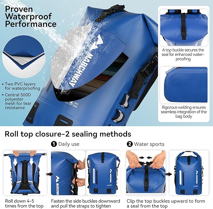 MARCHWAY Roll Top Waterproof Backpack, Floating Dry Bag 20L/30L/45L with Ergonomic Rectangular Base, Cushioned Back, Hip Strap for Hiking Camping Kayaking Travel (Blue, 45L)
