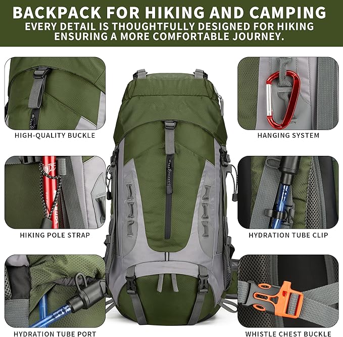 75L Hiking Backpack with Rain Cover Waterproof Camping Backpack Shoes Warehouse for Men Women, Frameless