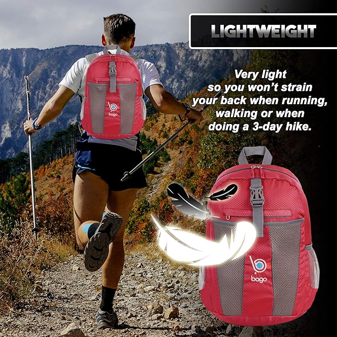 Bago Lightweight Small Hiking Backpack for Women and Men - 25L Travel Day Pack - Foldable Hiking Daypack Ultralight for Camping Outdoor Sports - Day Bag Packable Backpack for Travel (Red)